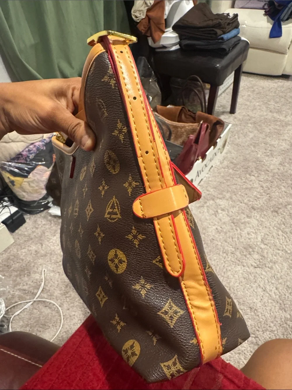 SHEIN Brown Monogram Shoulder Bag with Tan and Red Trim